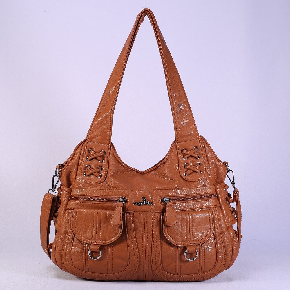 Angelkiss Gewassen Pu Vrouwen Handtas Dame Schoudertas Dubbele-Compartiment En Multi-Pocket Ruim Messenger Tote Met Lange band
