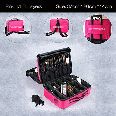 Women Brand Cosmetic Bag Travel Makeup Organizer Make Up Box Cosmetics Pouch Bags Beauty Case For Makeup Artist: Pink  M  3   Layers