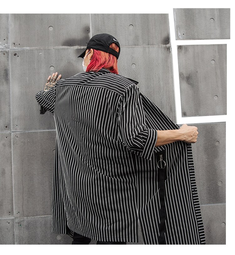 Hip hop Men Extra long Striped shirt long sleeve Black and white Spring Summer: XXL