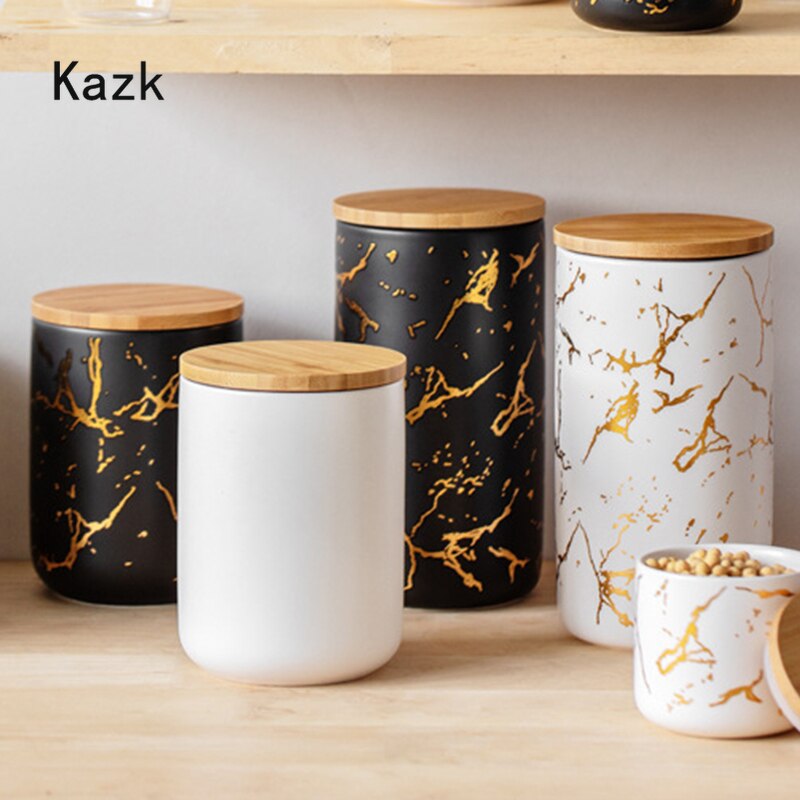 Nordic Black White Ceramic Jars Golden Stroke Matte Storage Suger Jar Coffee Cereal Dispenser Sealed Jar Kitchen Canister Sets