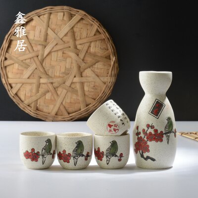 Set van 5 keramische sake potten, kannen, sterke drank, sterke drank, japanse bar, wijnset met bloementekstpatroon: Duidelijk