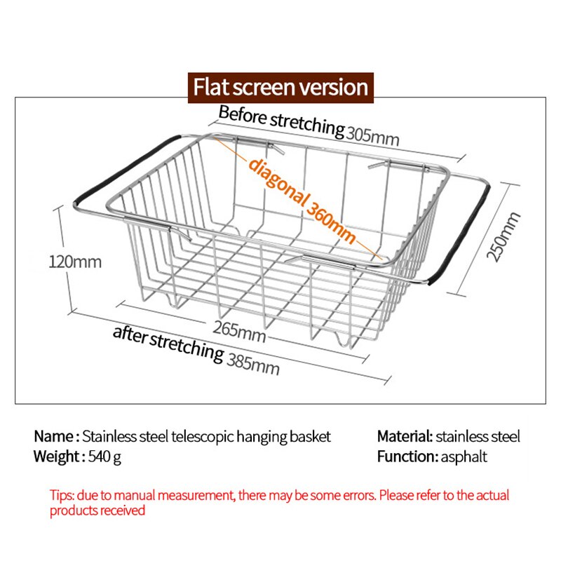 Retractable Kitchen Sink Drain Basket Stainless Steel Dishwashing Drain Basket Dishes Storage Washing Basket Colander Strainer: 385CM