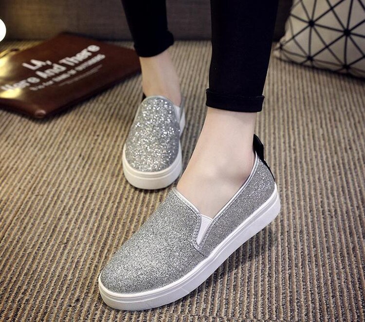women's shoes muffins with thick-soled feet casual shoes a pedal flash sequins canvas shoes A157: Silver / 6