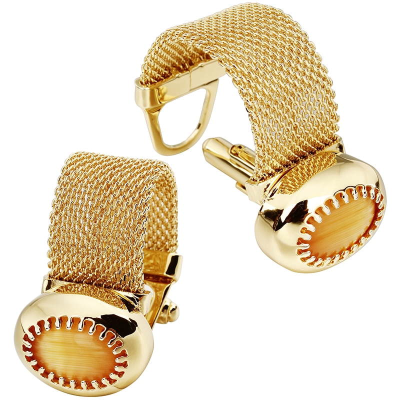 Hawkons manchetknopen met ketting voor heren - stenen en glanzend gouden overhemdaccessoires - feest voor jonge mannen (kattenoog)