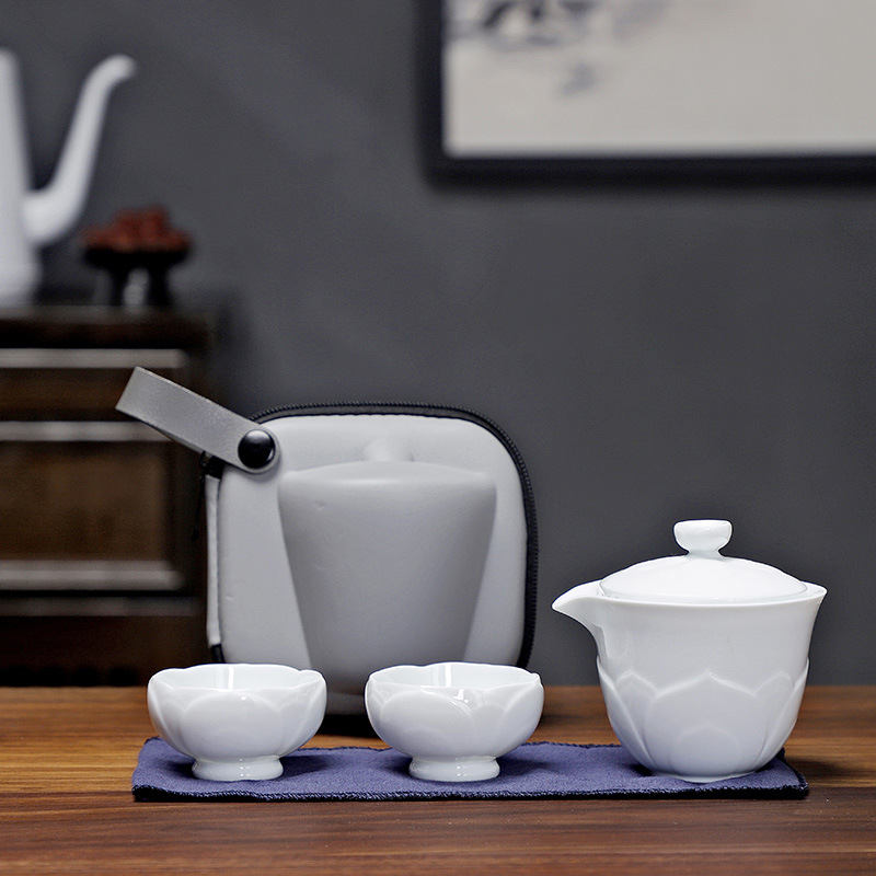 White Chinese Teaware Travel Tea Set Portable Outdoor Office Tea Plate Ceramic Flower Kung Fu Teaset Business Cool: Ivory