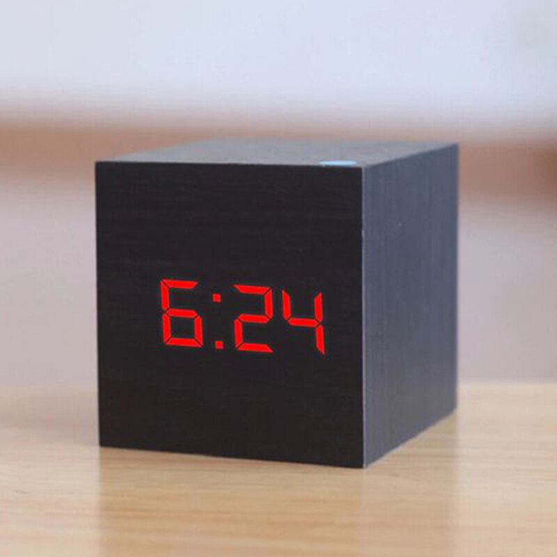 1PC Modern Wooden Cube USB Voice Digital Alarm Clock Digital Alarm LED Display Despertador Luminous Control Clock: 4