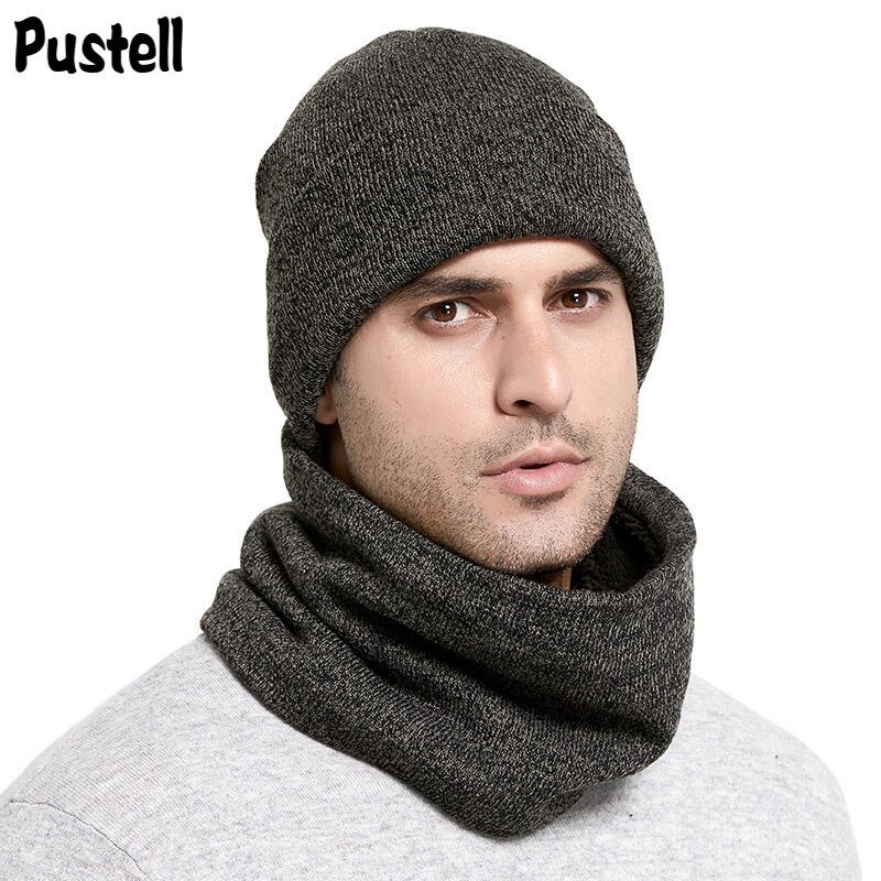Vinter strikkede hatte tørklæde sæt tykne plus fløjl unisex varme beanies bløde mænd kvinder bomuld solid tørklæde hat kit