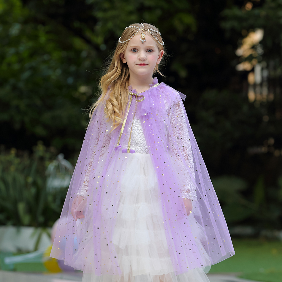 Tjej prinsessa fest kostym dragsko paljett tyll cape mantel halloween dress up mantel för prinsessan elsa jasmin sofia lila