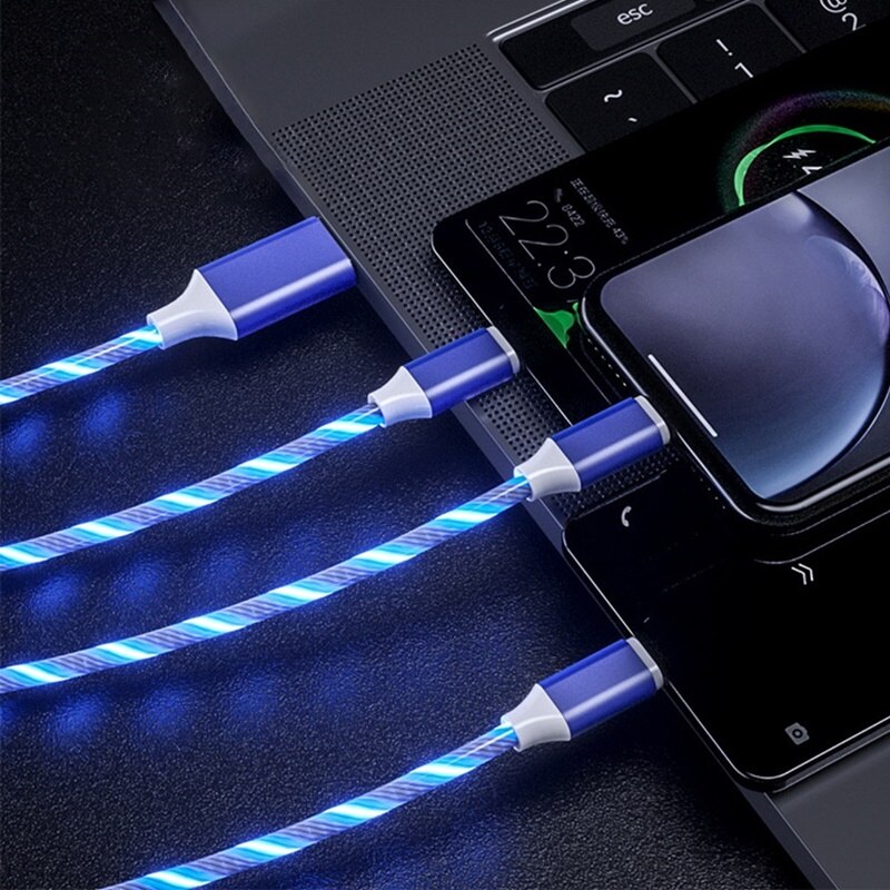 Tongdaytech 3 In 1 Usb Fast Charger Kabel Vloeiende Kleuren Led Glow Usb Carregador Portatil Voor Iphone Xiaomi Samsung Smartphone: Blue