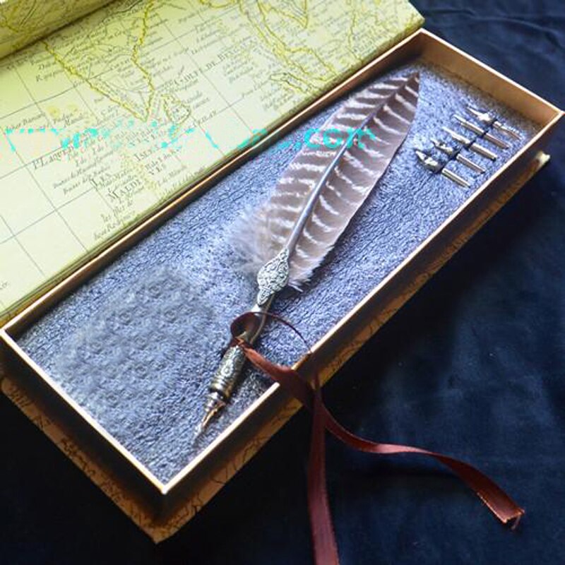 Di alta qualità vitage penna d'oca piuma penna impostato con 5 pennini 1 firma inchiostro calligrafia retrò intaglio regalo di nozze scrittura immersione Penna