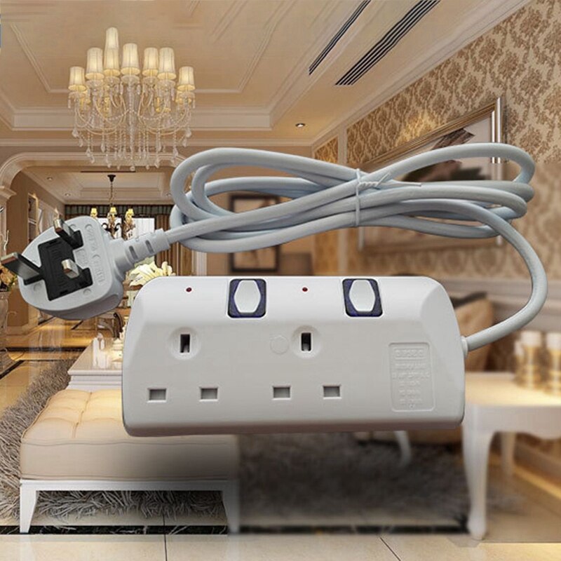 2 Way Extension Lead With Switches Portable White Power Accessory In Home Office 2M/6.6FT 13A Extension Cable(UK Plug)