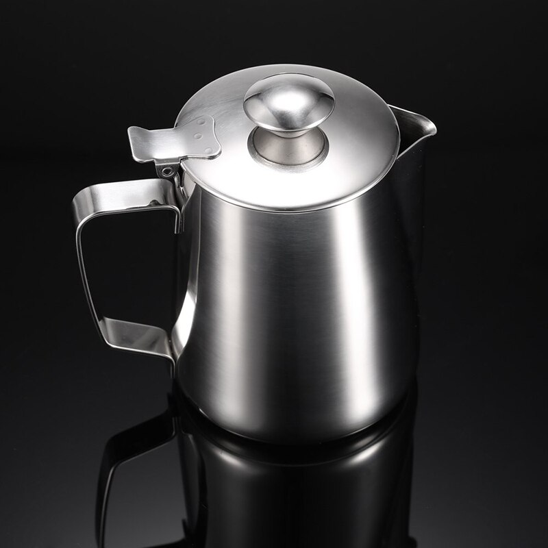 Tetera de leche de acero inoxidable, cafetera con tapa, perfecta para máquina de espresso, espuma y latte art
