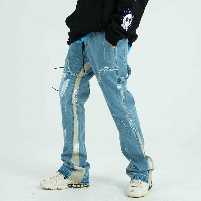 Farve blok malet streetwear snoretræk jeans mænd flosset sidebånd løst afslappet denim bukser hip hop harajuku par bukser