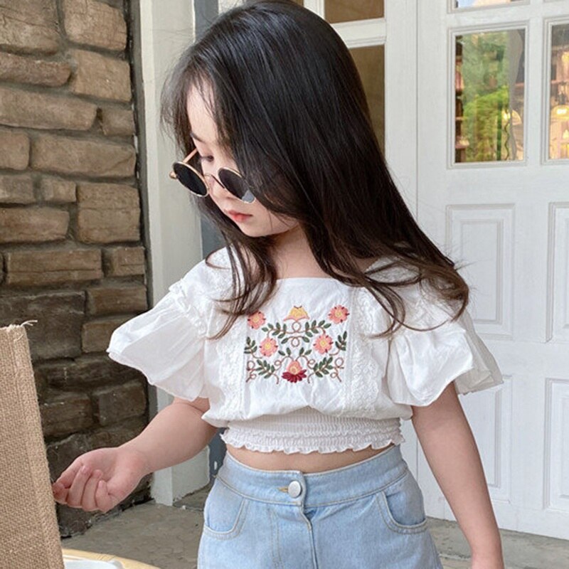 ♕s Sweet Girl Shirt Embroidery Lace Shirt Short Top Childrens Clothing