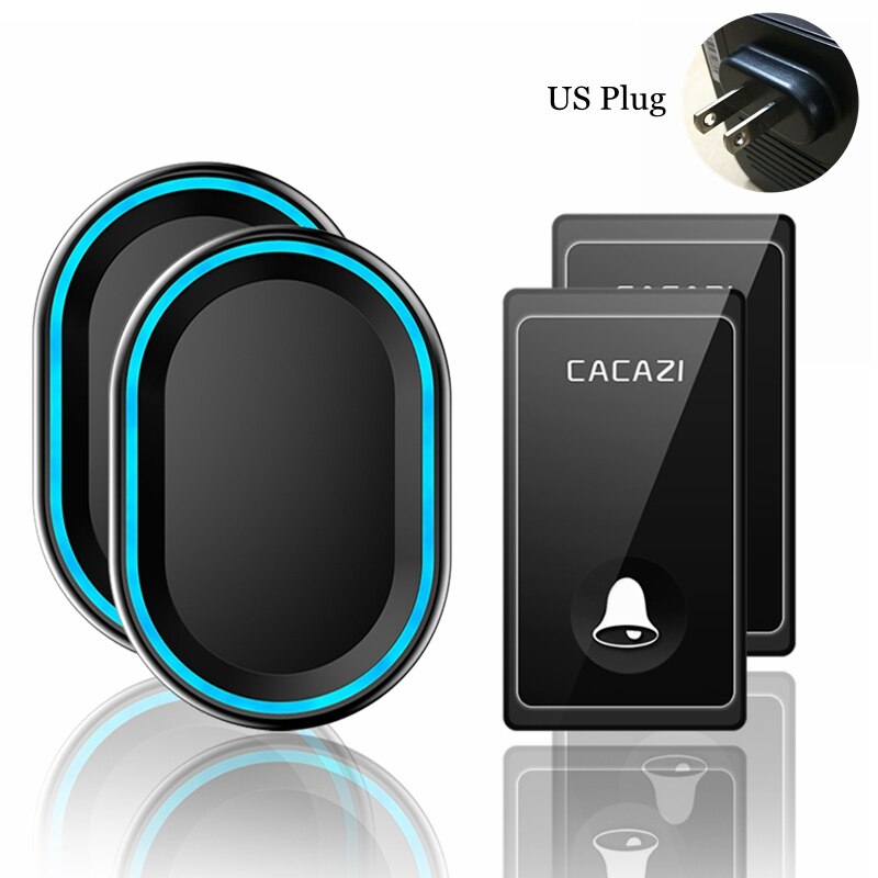 Självdriven trådlös dörrklocka inget batteri krävs vattentät 2 knappar 2 mottagare us eu uk plug smart hem ringklocka ring: Svart 2 x 2 us