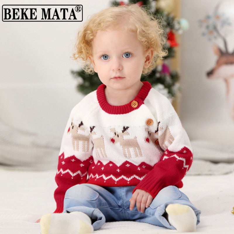 Christmas Baby Sweaters For Girls Winter Knitted Toddler Boy Clothes Long Sleeve Cartoon Elk Cotton Infant Girl Clothing