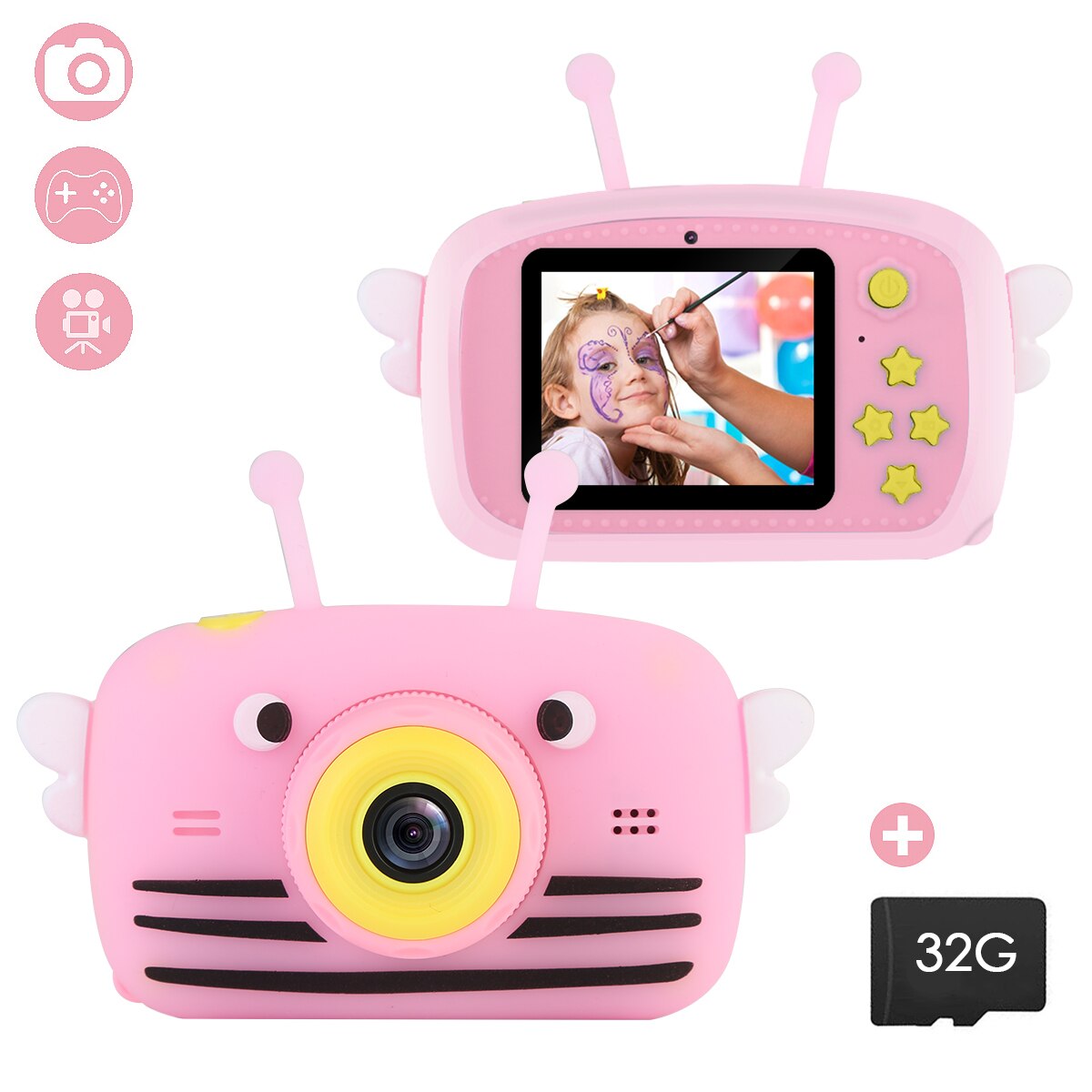 Soonhua Kids Mini Camera Draagbare 1920 Hd Scherm Camera Speelgoed 20MP Dual Lens Video Camera Nemen Foto 'S Met 32G Geheugenkaart: Pink Bee