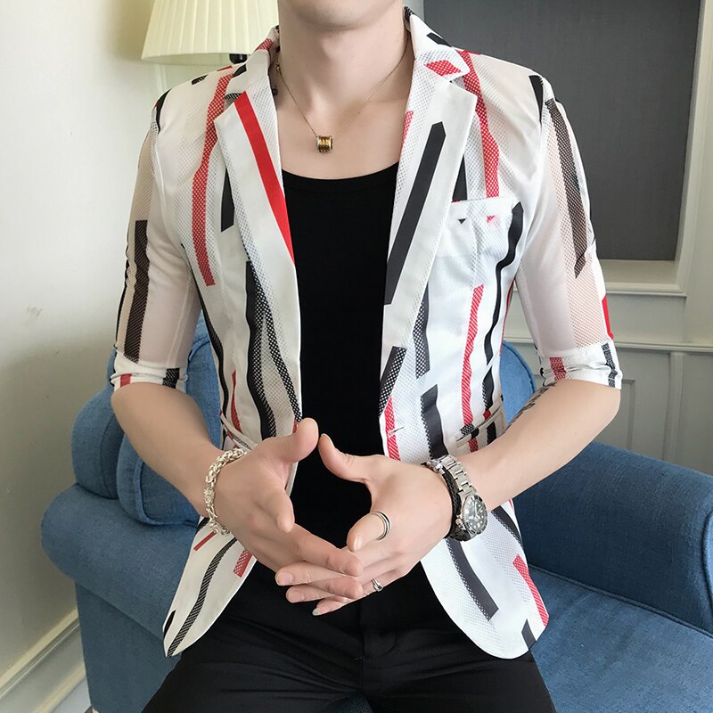 Men Blazer Thin Summer Print Hollow Suit Jacket Single Button Half Sleeve Male Nightclub Slim Fit Party Blazers: white striped / XL