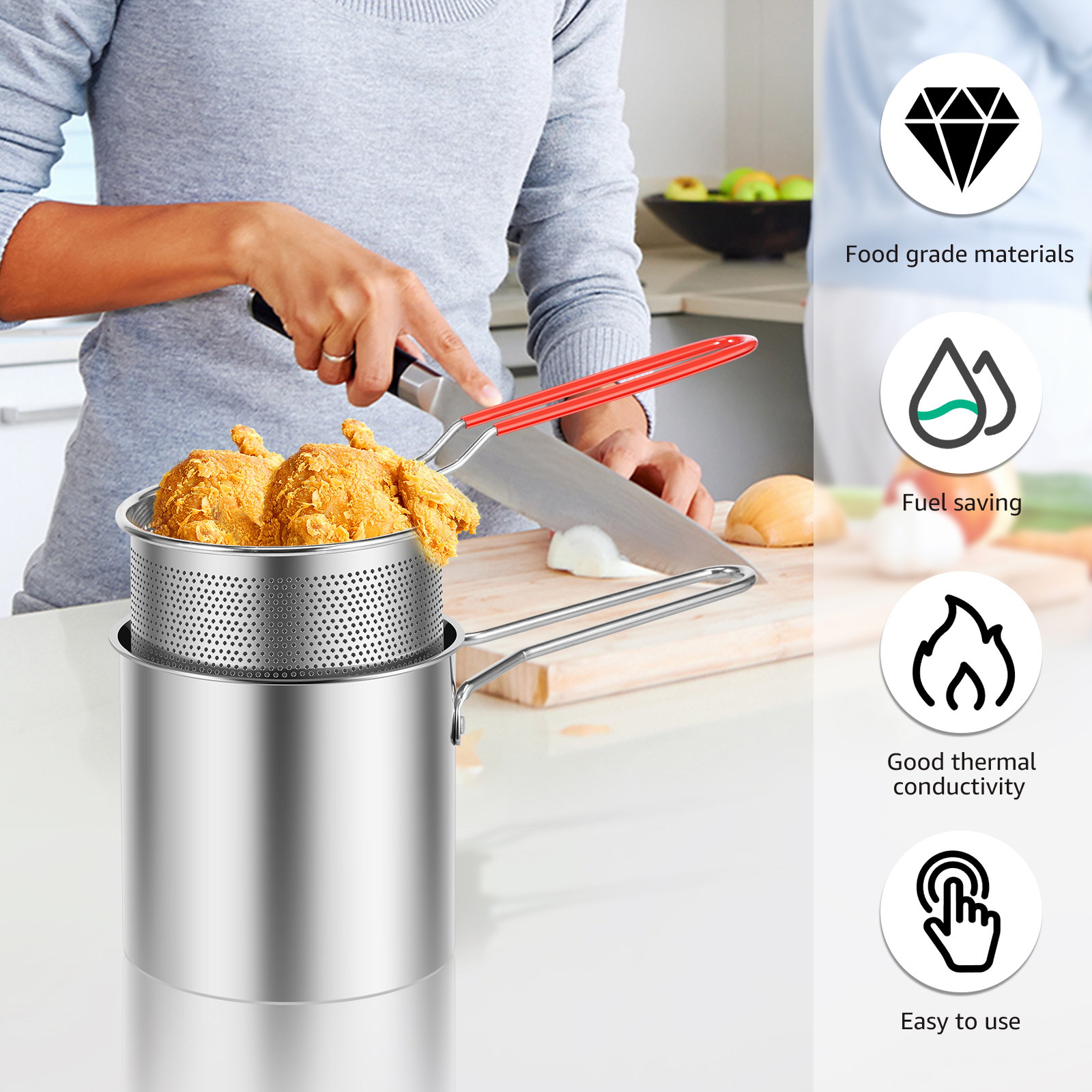 Friteuse en acier inoxydable avec panier et couvercle, passoire à pâtes, marmite jetable pour frites et poisson