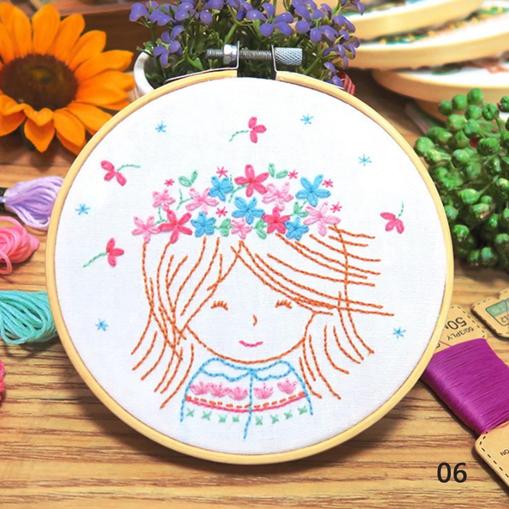 Cute Green Hands DIY Handcraft Beginners Embroidery Kit Needlework Stitch Kit Cotton Painting Embroidery With Hoop Home Decor: Girl