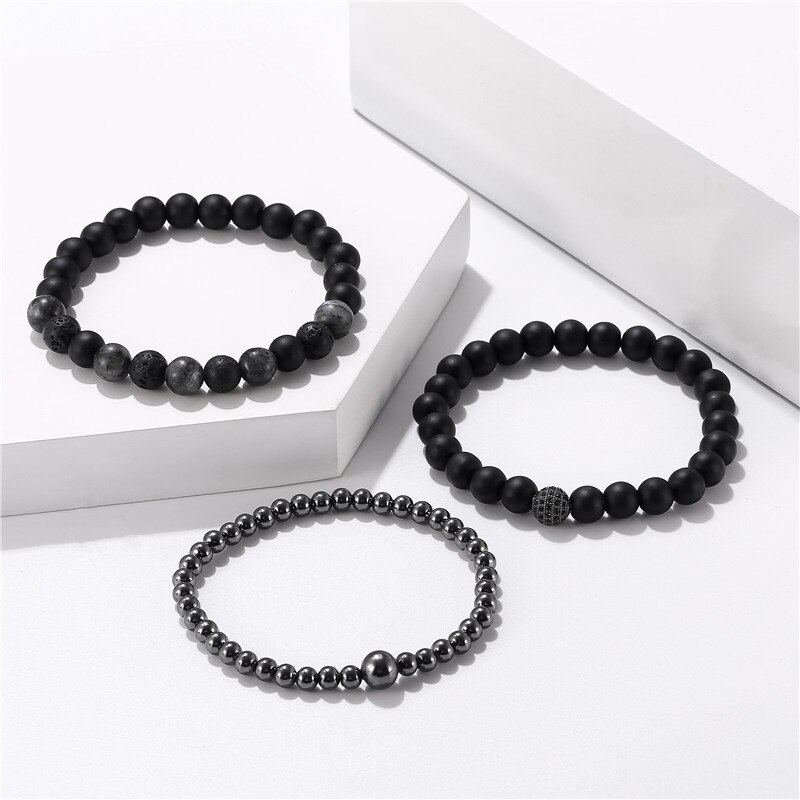 3Pcs/Set Handmade Beaded Bracelet For Men Jewelry Hematite Stone Women Men Elastic CZ Ball Bracelet Sets