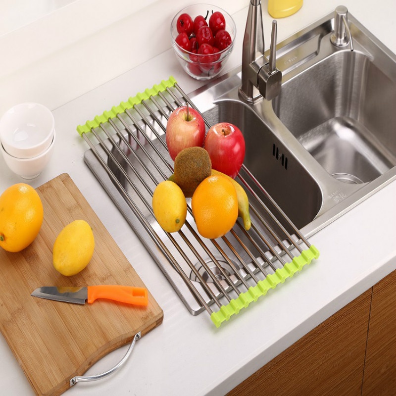 Afdruiprek van roestvrij staal, afdruiprek voor in de keuken, opvouwbaar rek voor het schoonmaken van fruit en groenten, vaatwerkrekken voor in de keuken