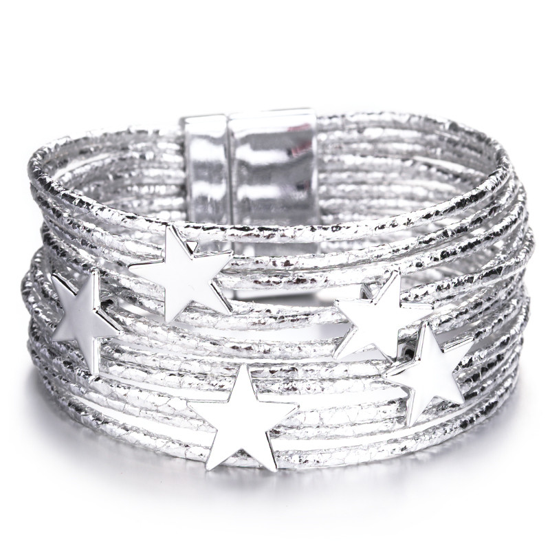 Allyes Bohemian Lederen Armbanden Voor Vrouwen Mode Pentagram Metalen Charm Boho Multilayer Wrap Armband Femme Sieraden: Silver