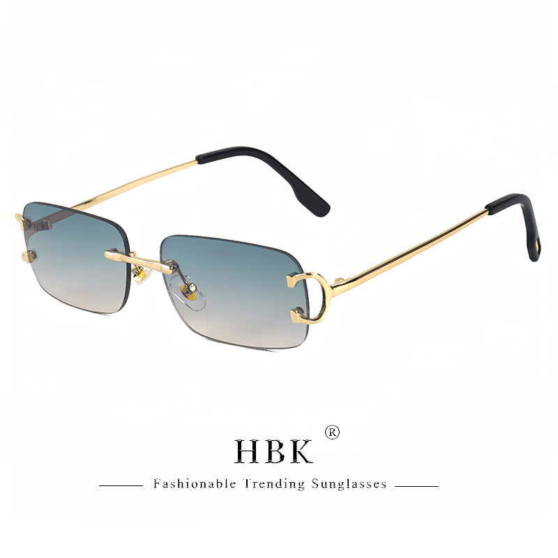 HBK rétro lunettes de soleil sans monture pour femmes hommes petit carré cadre doré thé nuances Rectangle UV400 Zonnebril lunettes: YELLOW