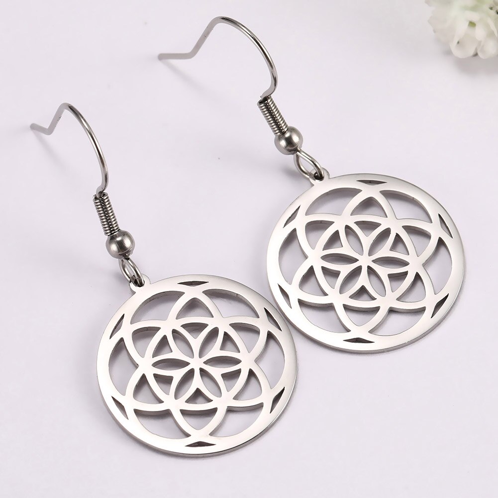 Skyrim viking kompass flower of life amulett øredobber rustfritt stål talisman dangle øredobber smykker for kvinner jenter