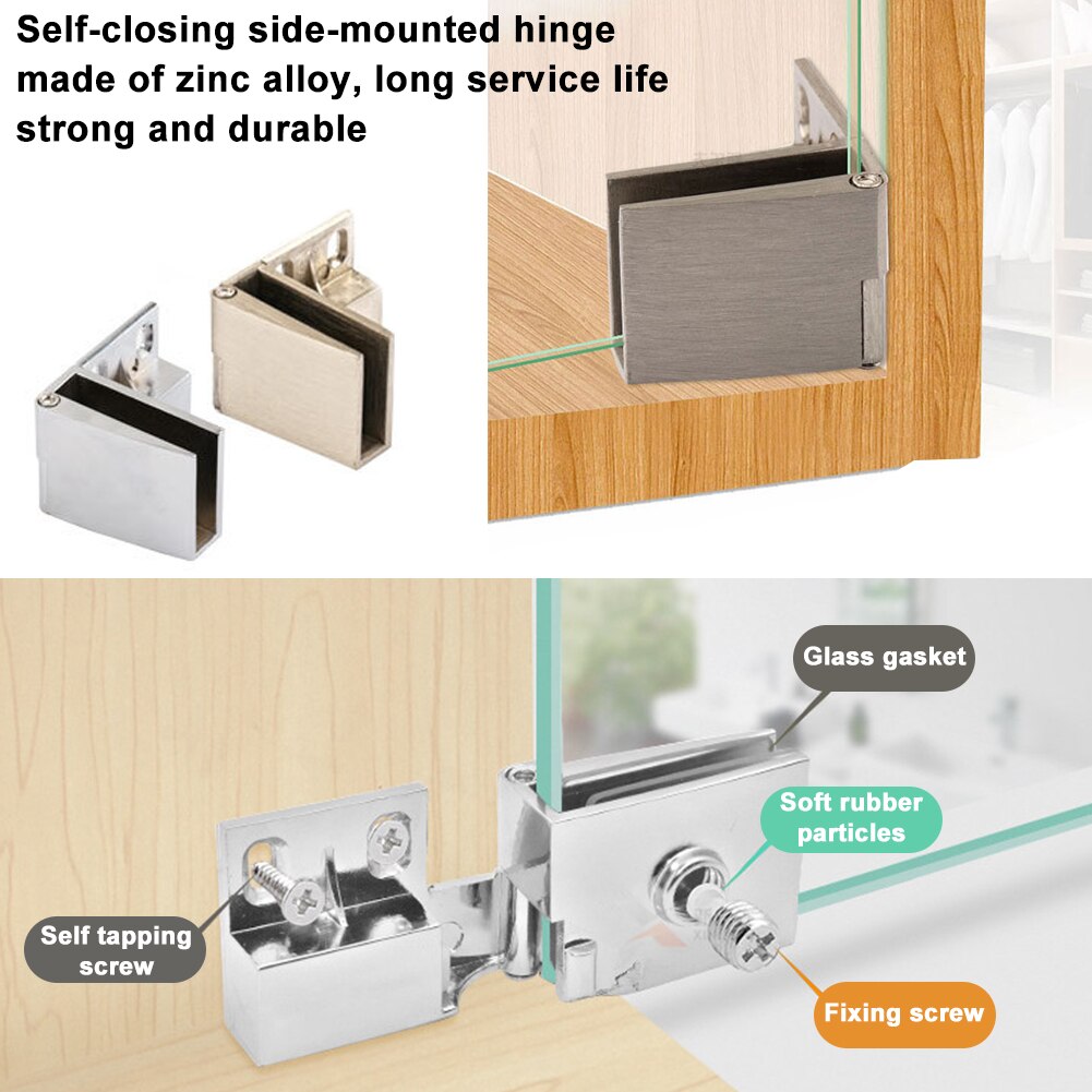 1 pair Self-closing Glass Door Hinge No Drilling Frameless Clamp Side Mounted Zinc Alloy Hardware Furniture Accessories