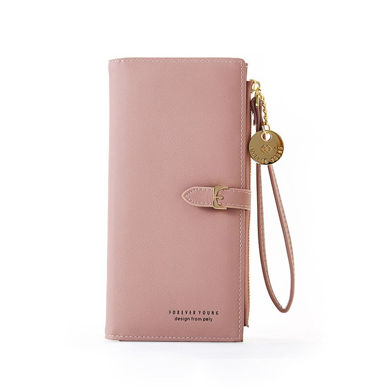 Cartera de piel suave para mujer, Carteras largas con broche, monedero Delgado, tarjetero para mujer: Dk Pink