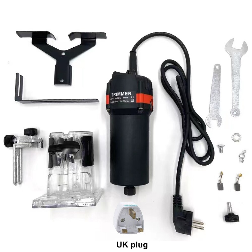 800W 30000rpm Wood Electric Hand Trimmer Woodworking Engraving Slotting Trimming Hand Carving Machine Wood Router Joiners Set: Black UK plug