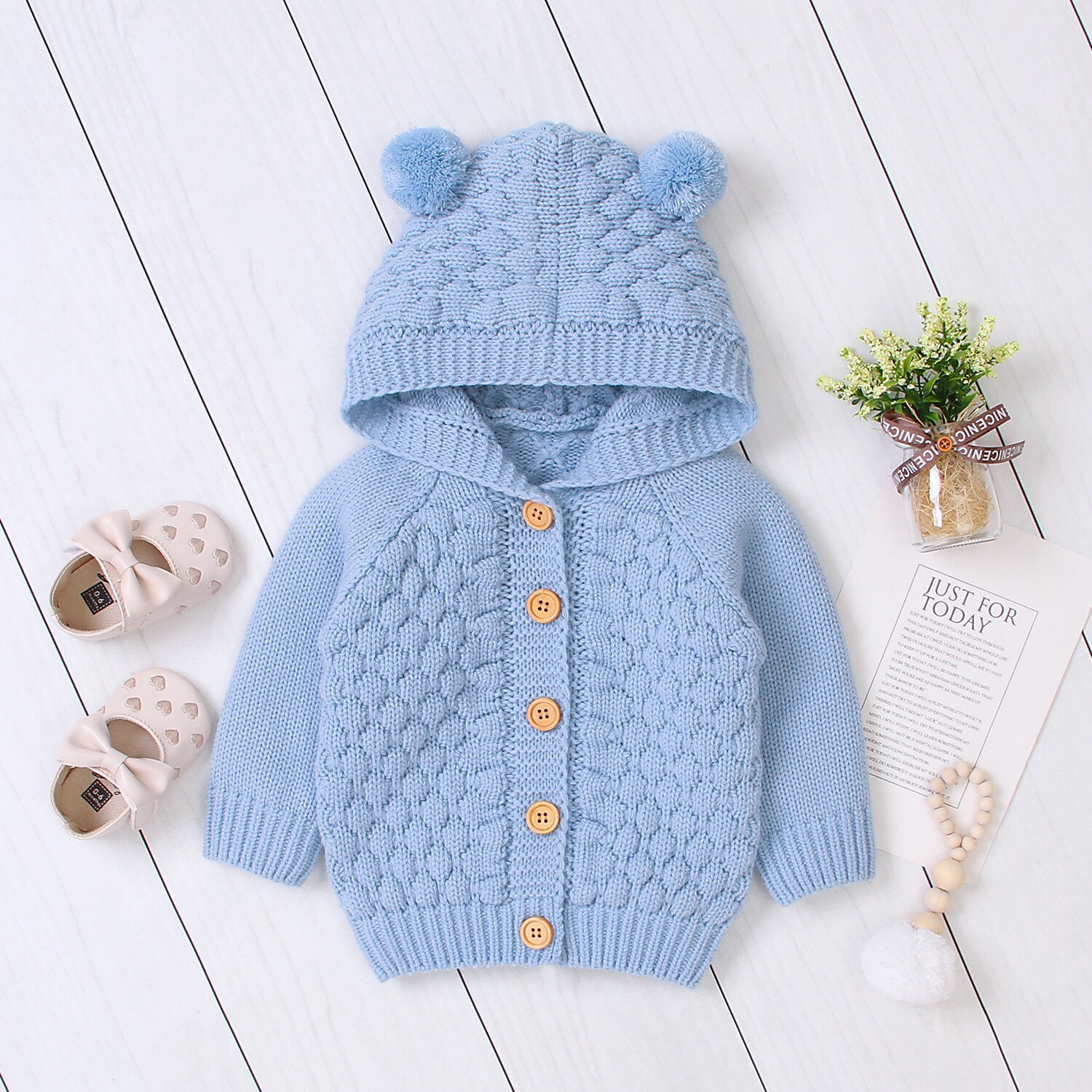 Kleinkind Baby freundlicher Junge Mädchen Strick Mantel Jacke Ohr Mit Kapuze Outwear Winter Bluse zur Seite fahren betroffen zur Seite fahren Strickjacke Warme Kleidung: Himmel Blau / 80