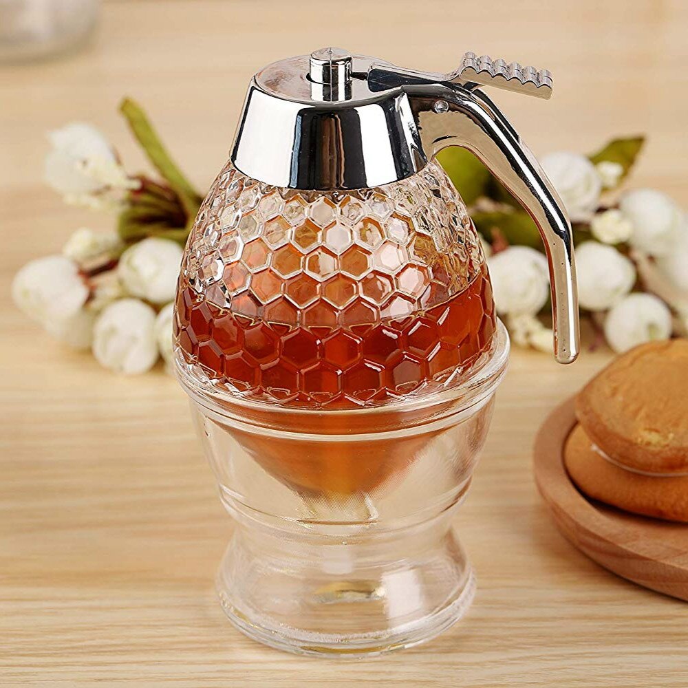 Bee Drip Dispenser Maple Syrup Dispenser Glass Shaped Honey Pot Jar with Stand, Bee Decor Syrup Cup Squeeze Bottle