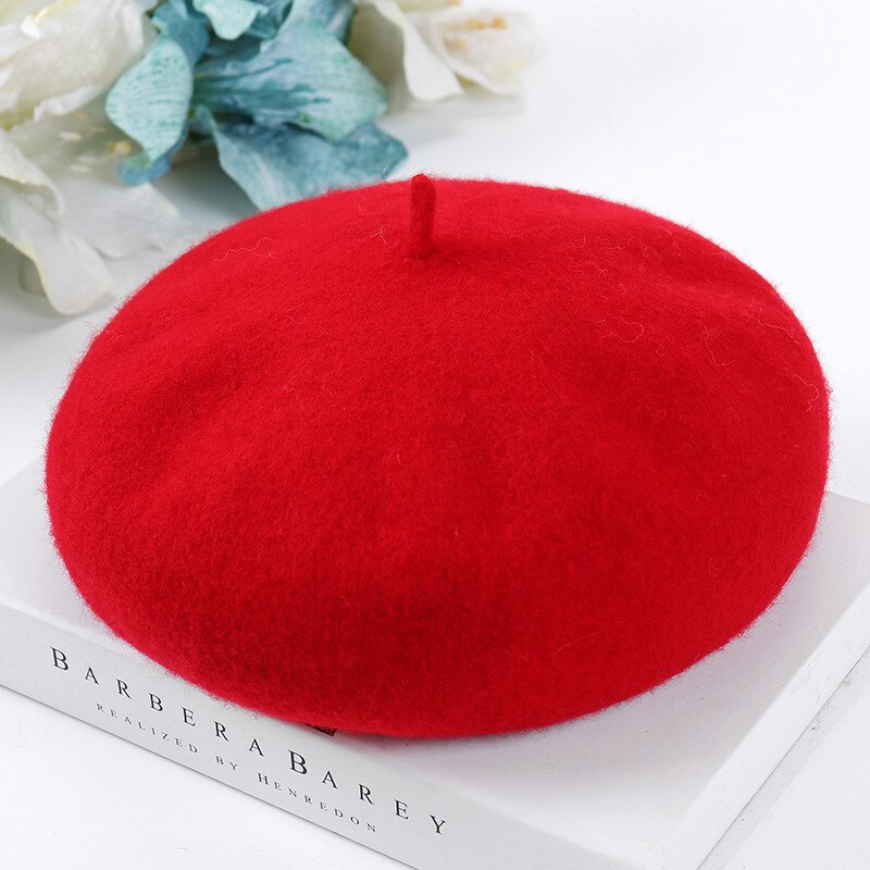Cheap Women Winter Wool Beret French Hat Female Solid Color Bonnet Beret Hat Girls Thick Warm Walking Hat 15 Color: Red