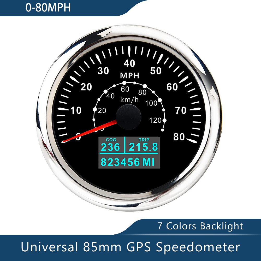 Novo velocímetro de 85mm gps 0-30/60 nós 0-60/80/120/160/200 mph 0-60/120/200km/h com luz de fundo de 7 cores para a motocicleta do barco do carro: 80MBS