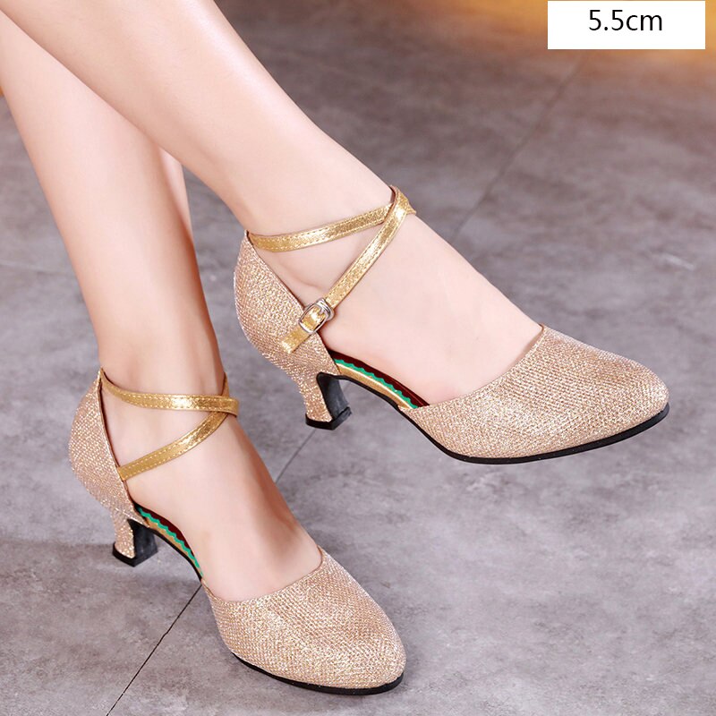 freundlicher freundlicher Latein tanzen Schuhe Frauen Ballsaal Tango Latein Salsa Tanzen Schuhe Mädchen der Silber Gold Pailletten niedrig Fersen tanz Schuhe: 5.5CM Gold / 37