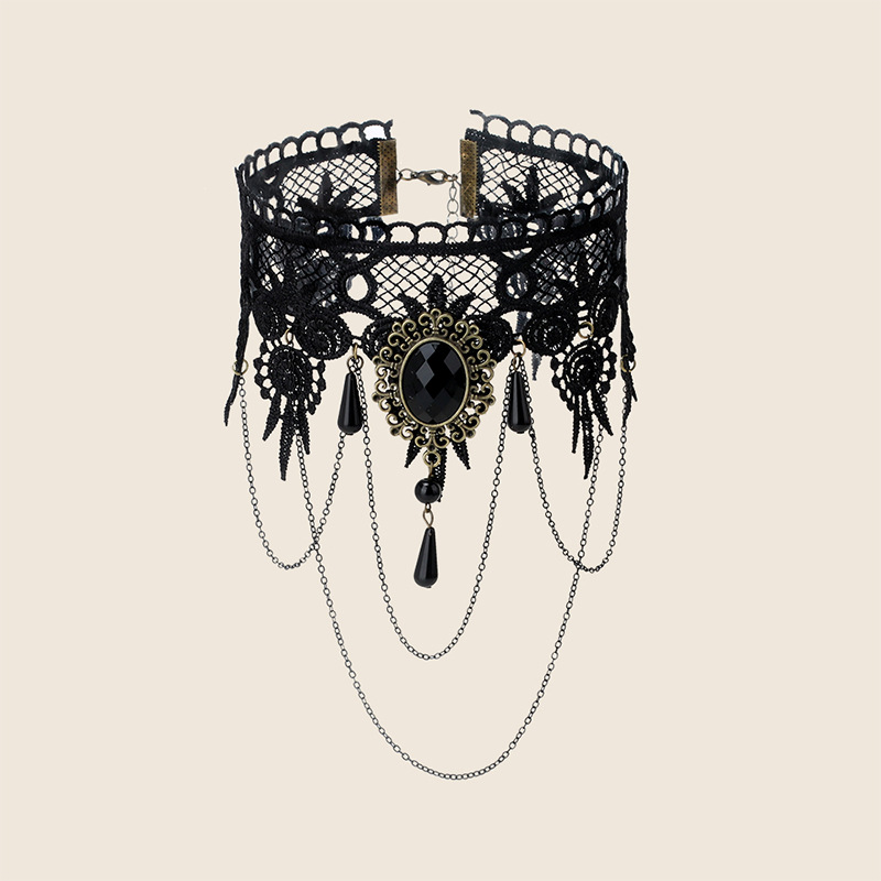 Gothic Victorian Black Lace Necklace Women Girl Boho Crystal Tassel Sexy Choker Steampunk Dark Loli Style Halloween Jewelry