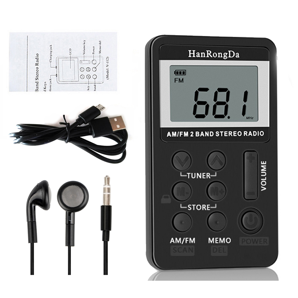 HanRongDa HRD-103 AM FM Radio digitale ricevitore Stereo a 2 bande con schermo LCD batteria ricaricabile Radio tascabile portatile: Black