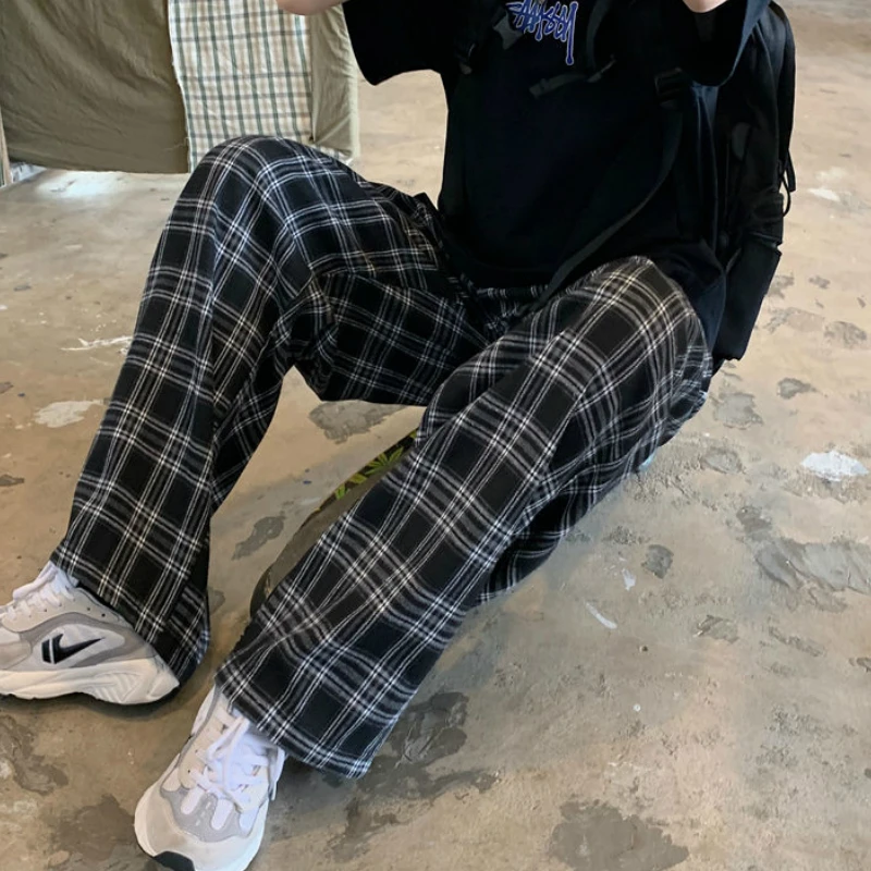 Calças xadrez soltas para as mulheres, casual e chique, oversize, perna larga, harajuku, cintura alta, estilo hip hop, verão, s-3xl