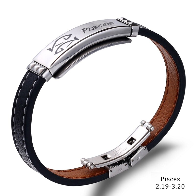 Pulsera de acero inoxidable con 12 Constelaciones para hombre, joyería de , Charm, cuero negro, signos del zodiaco informales, Punk,: Pisces