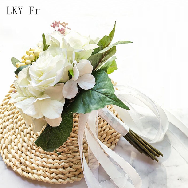 Lky fr bryllupsbukett til brud brudepiker brudebukett hvite roser hortensia kunstige blomster ekteskap hjem tilbehør