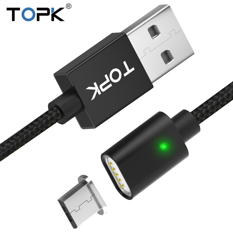 TOPK 1M 2M 2.4A Magnetische Mikro USB Kabel, aufgerüeingestellt Nylon Geflochtene LED-anzeige USB Ladekabel für Mikro USB Handys Für Samsung