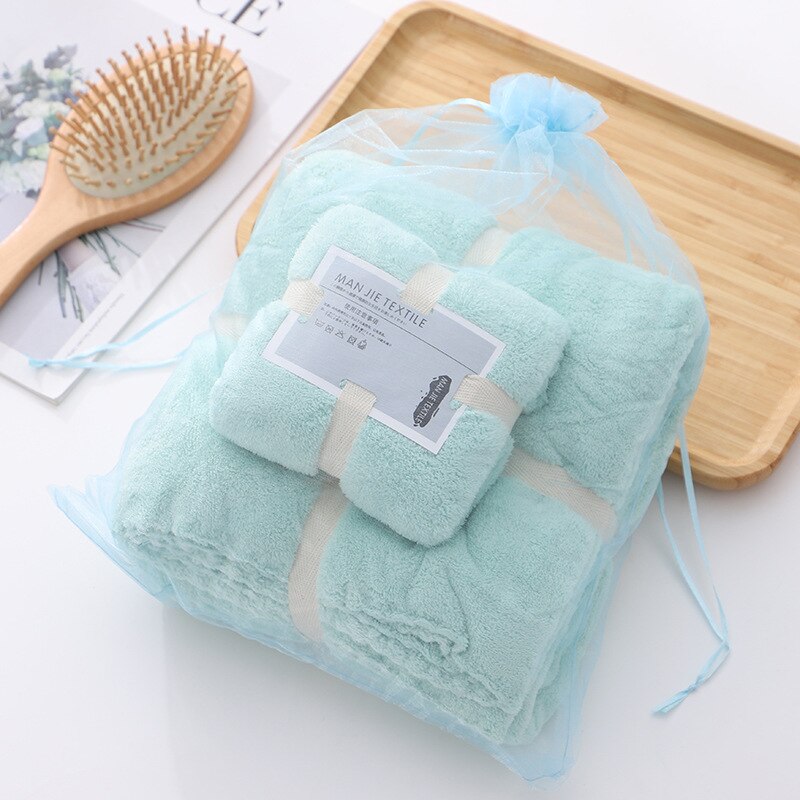 2PCS 70X140cm+35X70cm Solid High Density Coraline Coral Velvet Towel Water Absorption Soft Bathroom Towel Sets for Adults: Green