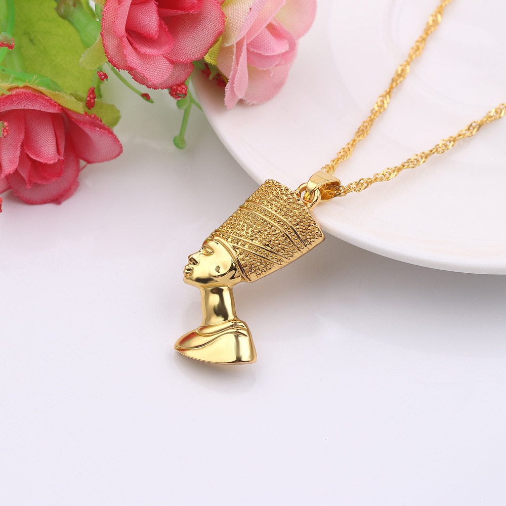 Exotic Egyptian Queen Nefertiti Pendant Necklaces for Women Men Jewelry Gold Color Jewellery African