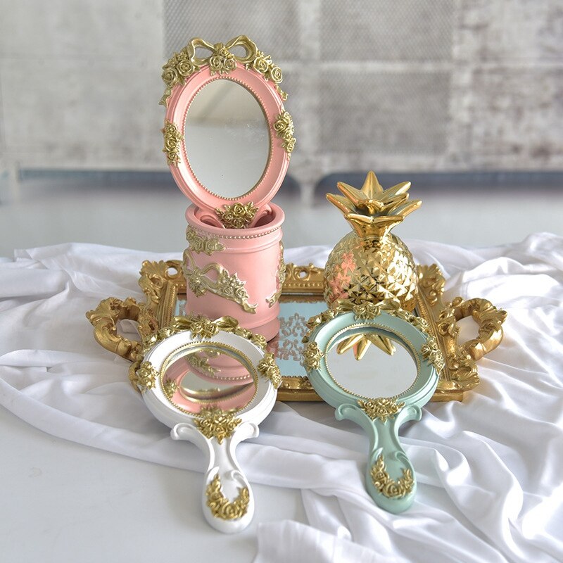 Søde vintage hånd spejle makeup forfængelighed spejl håndholdt kosmetisk spejl med håndtag til