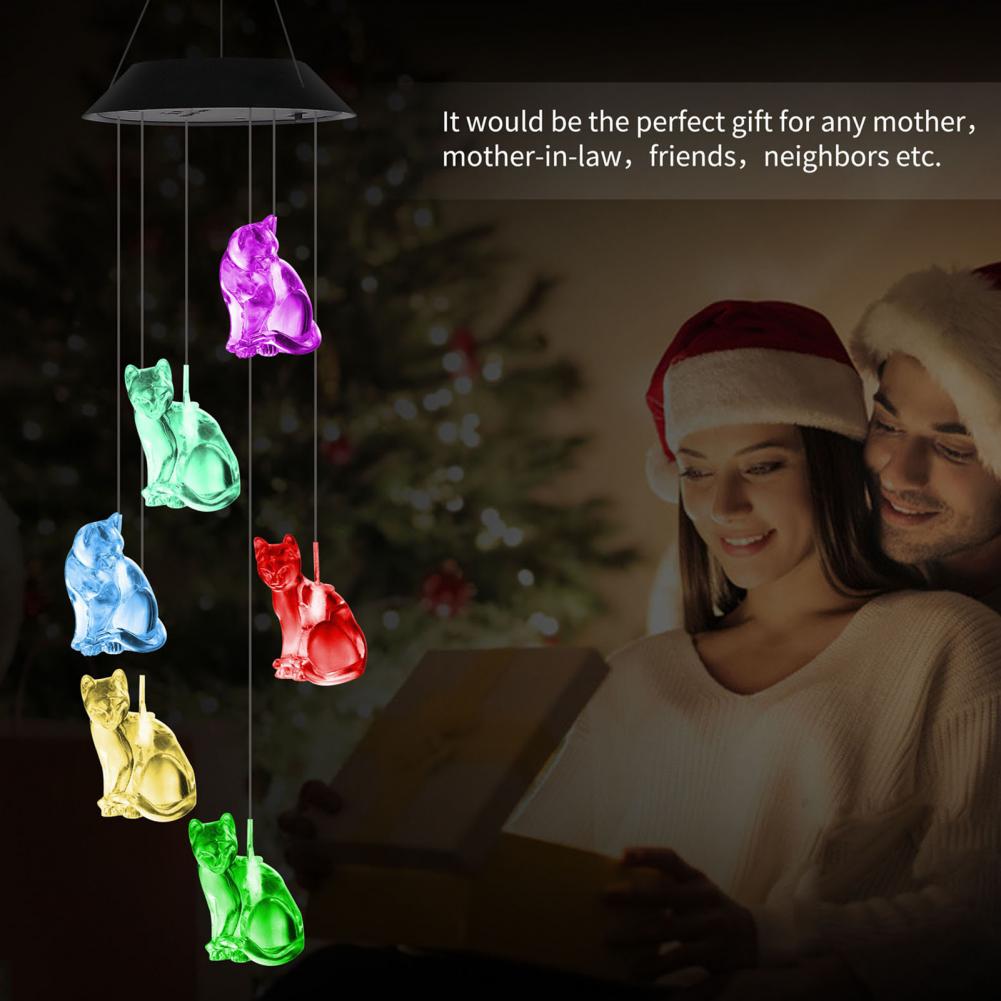 LED Solar Wind Chimes Energy Saving Color Changing Cat Wind Chimes Decoration Lights Garden Yard Patio Porch Wind Bell Lights