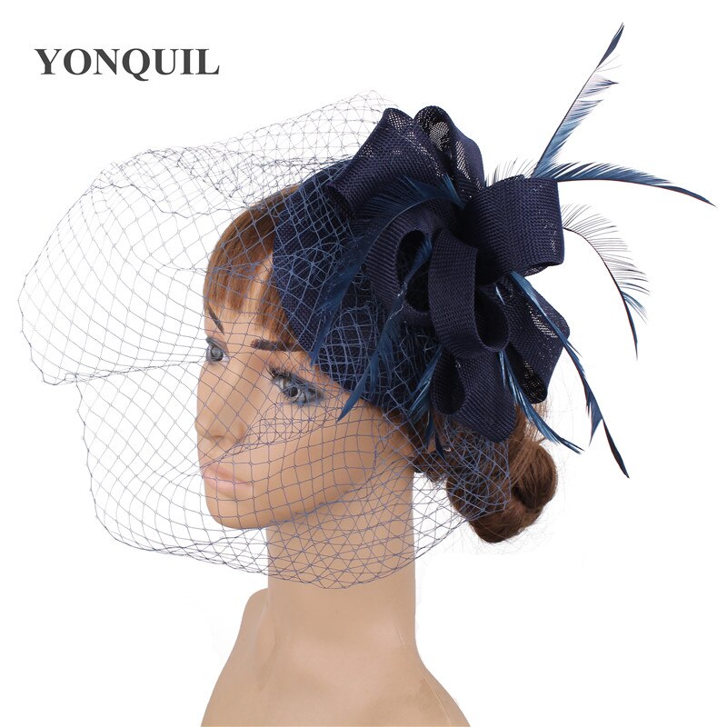 Bruid Bruiloft Witte Hoofddeksel Elegante Dames Mariage Mesh Tovenaar Hoed Fancy Veils Chapeau Cap Mode Kerk Hoofddeksels Womens: navy
