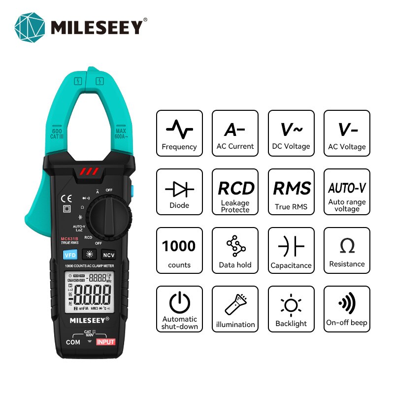 Mileseey-Medidor de abrazadera Digital, medidor de resistencia de ciclo de trabajo de frecuencia de 6000 recuentos, medidor de voltaje sin contacto, amperímetro ACV/DCV de CA: MC631B
