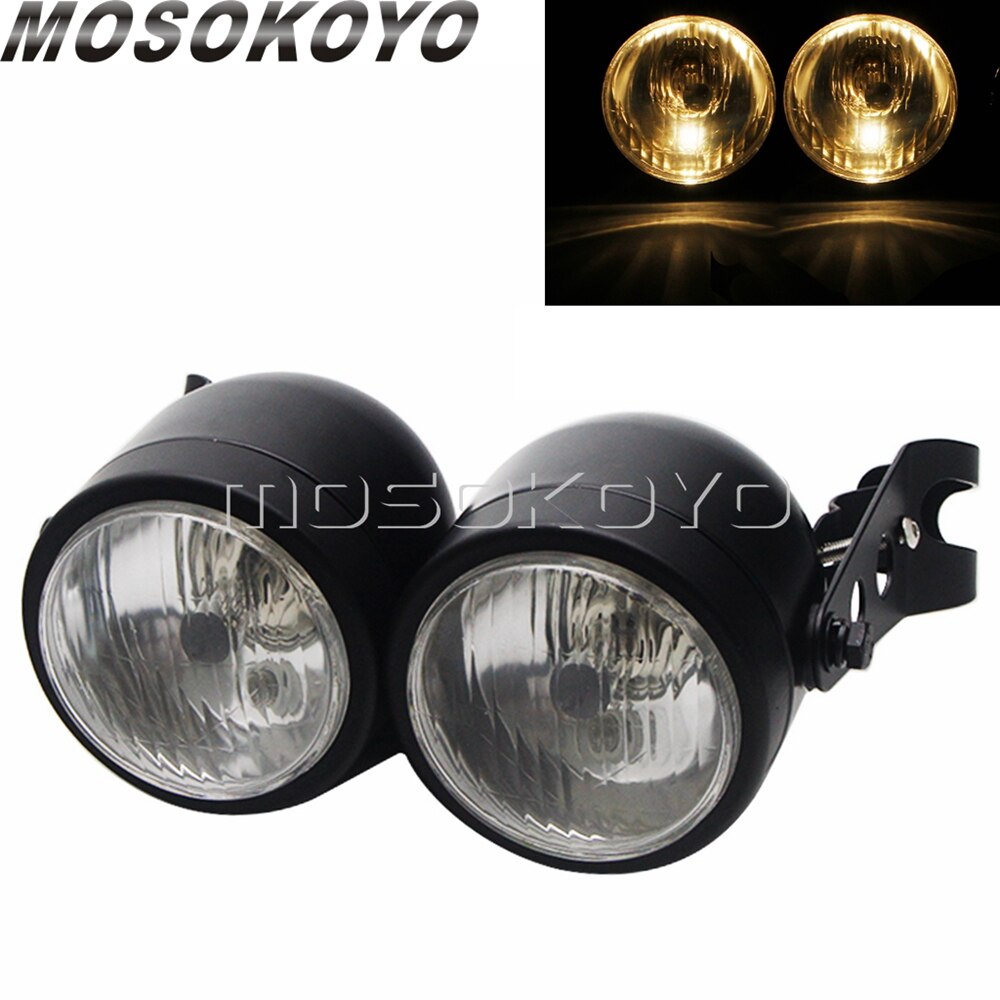 Motorcycle Twin Round Dominator Headlight 3.5" Double Dual Lamp Front Headlamp for Harley Cafe Racer Old School Chopper Bobber: B Black Clear